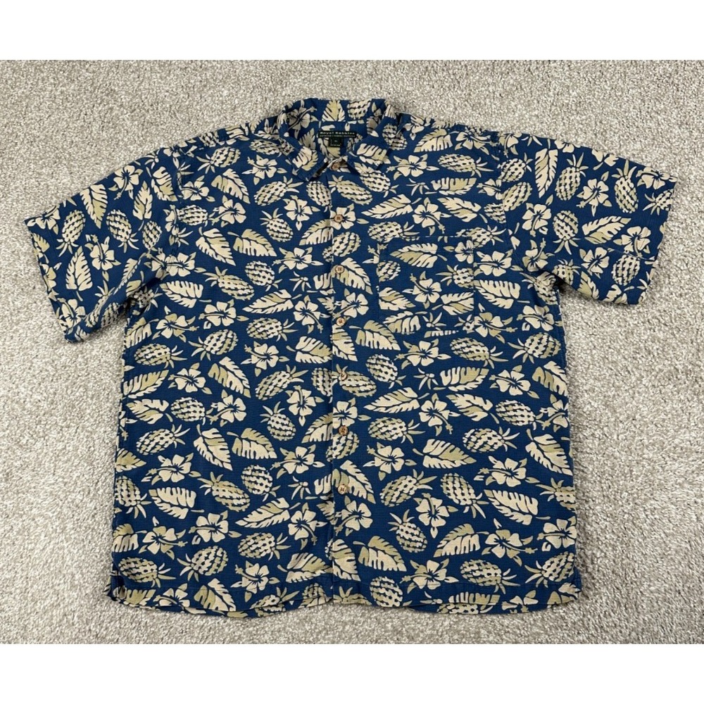 Vintage Royal Robbins Hawaiian Shirt Mens XL Blue Floral Short Sleeve‎ Silk Y2K